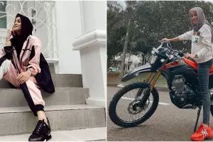 6 Potret Olla Ramlan naik motor, gayanya tetap stylish dan cantik