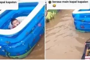 Viral aksi kocak orang tua hibur anaknya kala banjir mengepung