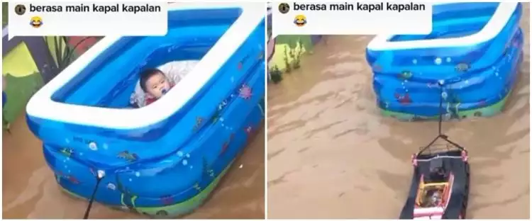 Viral aksi kocak orang tua hibur anaknya kala banjir mengepung