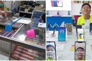 7 Aksi kocak warganet di konter, selfie pakai HP pajangan