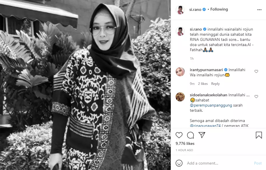 ungkapan kesedihan Si Doel Anak Sekolahan untuk Rina Gunawan Instagram ungkapan kesedihan Si Doel Anak Sekolahan untuk Rina Gunawan Instagram