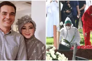 9 Potret ketegaran Teddy Syach di pemakaman Rina Gunawan