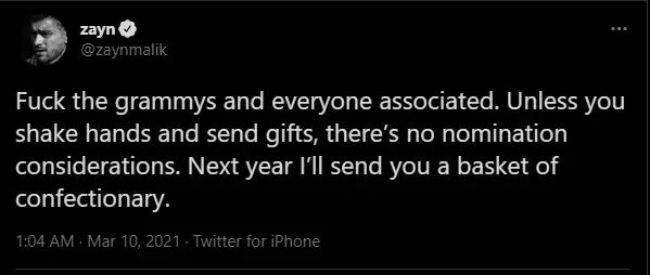Zayn Malik tak masuk dalam Grammy Awards Berbagai sumber Zayn Malik tak masuk dalam Grammy Awards Berbagai sumber