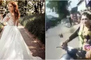 Viral aksi wanita kenakan busana pengantin sambil kendarai motor