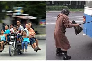 14 Potret absurd orang 'numpang' di kendaraan ini bikin ngeri