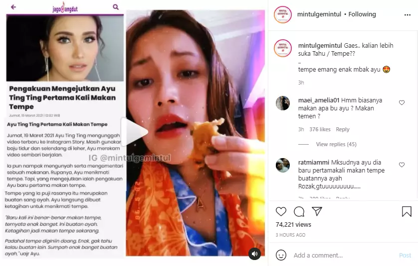 pengakuan Ayu Ting Ting baru pertama kali makan tempe Instagram pengakuan Ayu Ting Ting baru pertama kali makan tempe Instagram