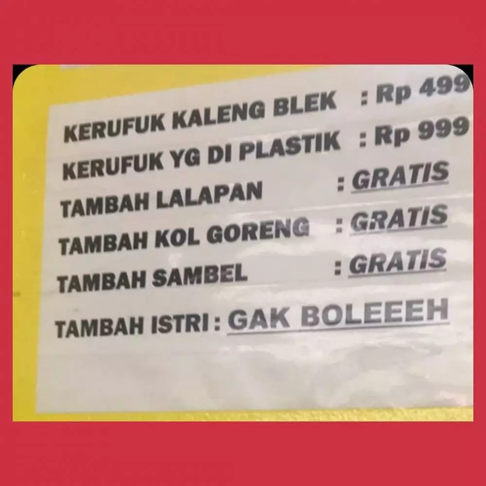 tulisan nyeleneh di daftar menu Berbagai sumber