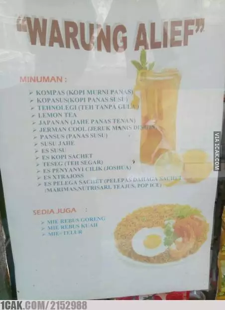tulisan nyeleneh di daftar menu Berbagai sumber
