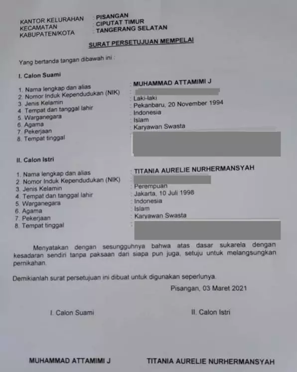 pekerjaan Atta Aurel di surat pengantar nikah © 2021 brilio.net