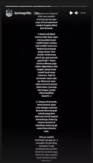 Kevin Aprilio lakukan transplantasi rambut Instagram