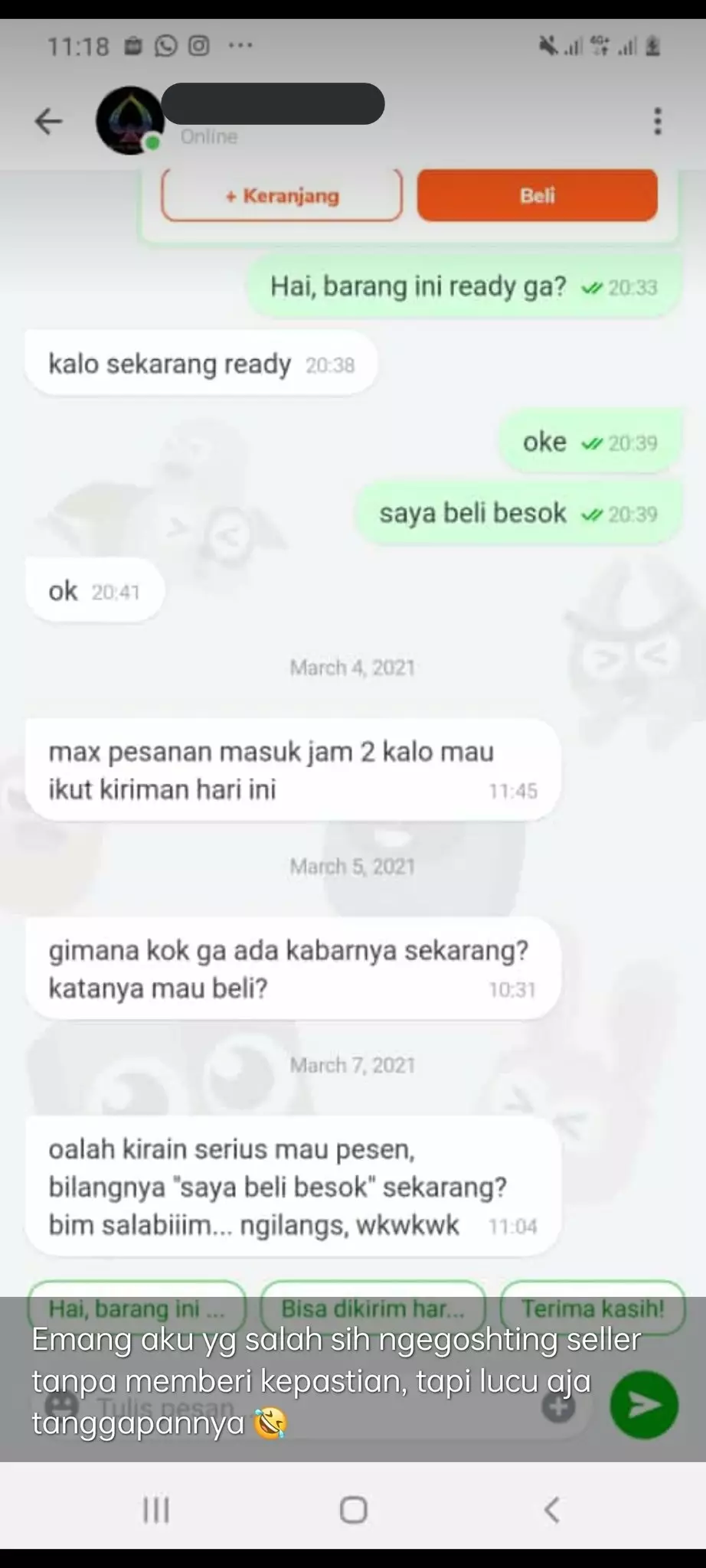Chat penjual dighosting pembeli © berbagai sumber