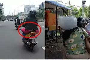12 Potret lucu emak-emak dibonceng naik motor, mau ketawa takut dosa