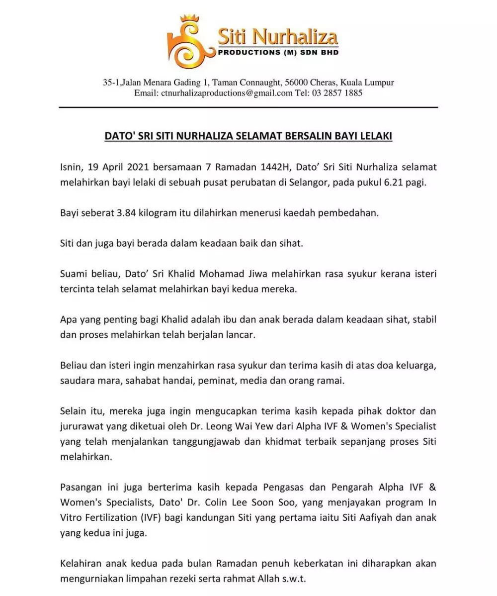 siti nurhaliza lahirkan anak kedua © 2021 brilio.net