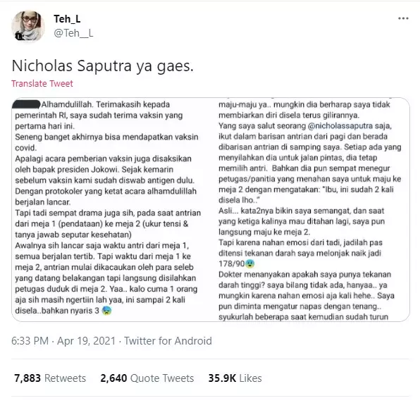Cerita Nicholas Saputra tetap antre saat vaksin dari berbagai sumber Cerita Nicholas Saputra tetap antre saat vaksin dari berbagai sumber