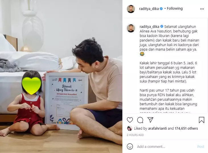 Raditya Dika beri kado saham di ultah ke-2 tahun anaknya Instagram Raditya Dika beri kado saham di ultah ke-2 tahun anaknya Instagram