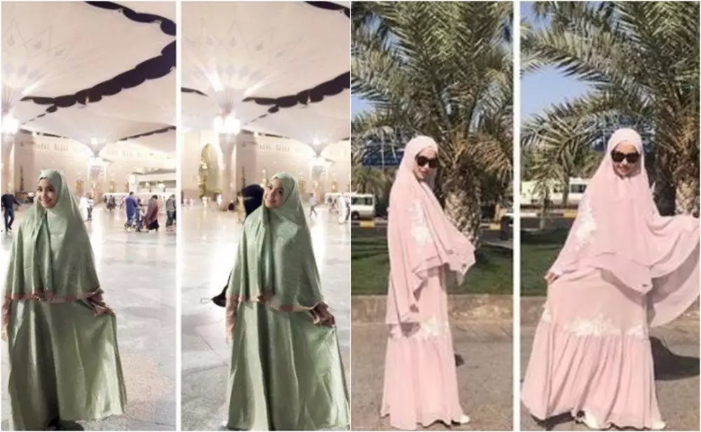 Beda gaya Nagita Slavina dan Ayu Ting-Ting kenakan gamis © berbagai sumber