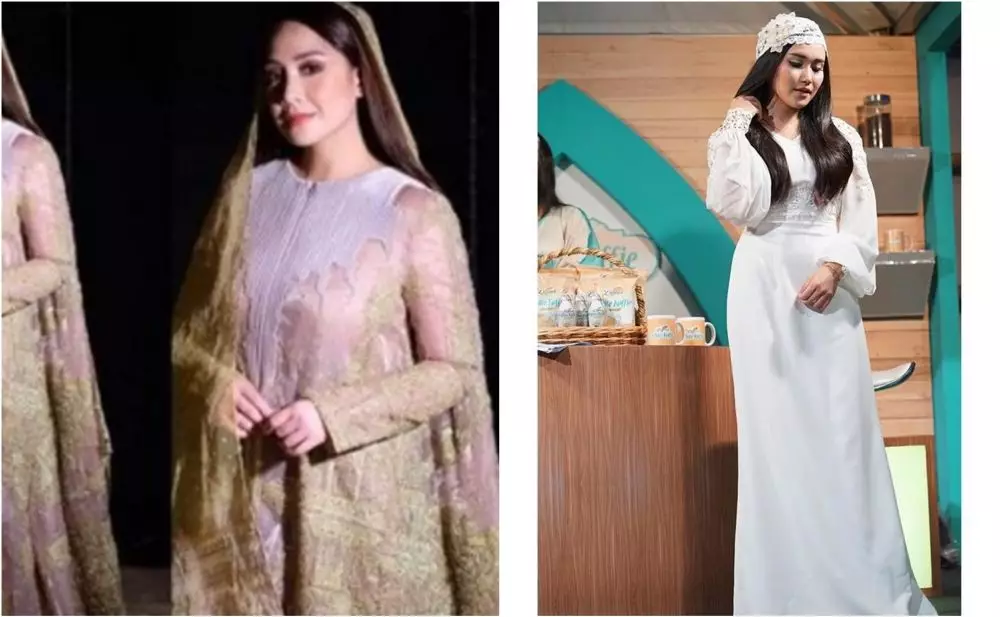 Beda gaya Nagita Slavina dan Ayu Ting-Ting kenakan gamis © berbagai sumber