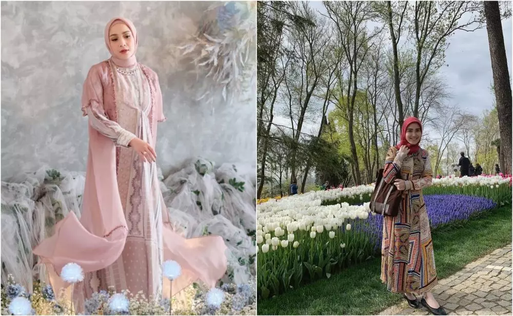 Beda gaya Nagita Slavina dan Ayu Ting-Ting kenakan gamis © berbagai sumber