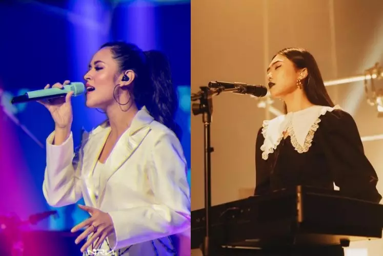 Adu gaya Raisa dan Isyana saat di panggung Instagram/@raisa6690 dan @isyanasarasvati