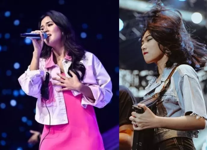 Adu gaya Raisa dan Isyana saat di panggung Instagram/@raisa6690 dan @isyanasarasvati