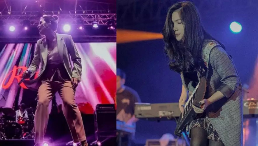 Adu gaya Raisa dan Isyana saat di panggung Instagram/@raisa6690 dan @isyanasarasvati