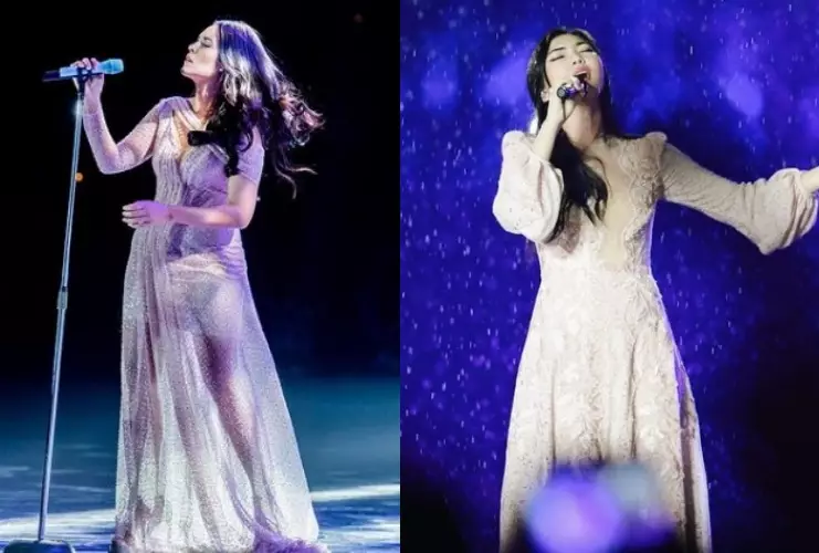 Adu gaya Raisa dan Isyana saat di panggung Instagram/@raisa6690 dan @isyanasarasvati