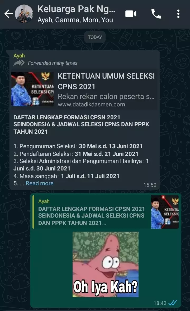 Balasan chat pas ortu ngode daftar CPNS © berbagai sumber Balasan chat pas ortu ngode daftar CPNS © berbagai sumber