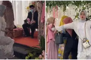 Aksi absurd wanita di resepsi pernikahan, asik joget di atas pelaminan