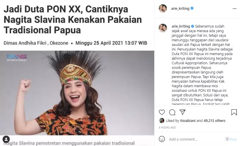 Tanggapan Arie Kriting terhadap Nagita Slavina Instagram