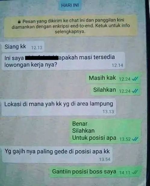 chat lucu nanya lowongan kerja © 2021 instagram.com
