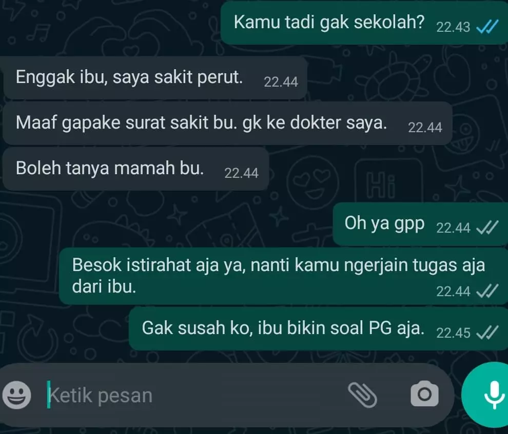 chat guru terlalu baik pada murid Berbagai sumber