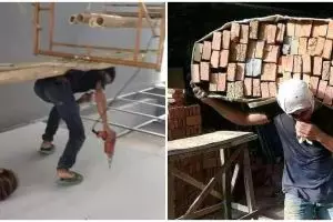 10 Aksi lucu tukang bangunan angkut material ini bikin garuk kepala