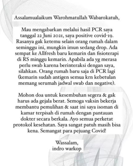 Indro Warkop positif Covid-19 Instagram/@indrowarkop_asli