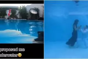 Viral momen wanita dilamar kekasih di dasar kolam renang, unik banget