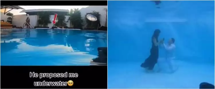 Viral momen wanita dilamar kekasih di dasar kolam renang, unik banget