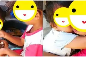 Momen bocah kakak beradik suap-suapan sepotong roti, bikin haru