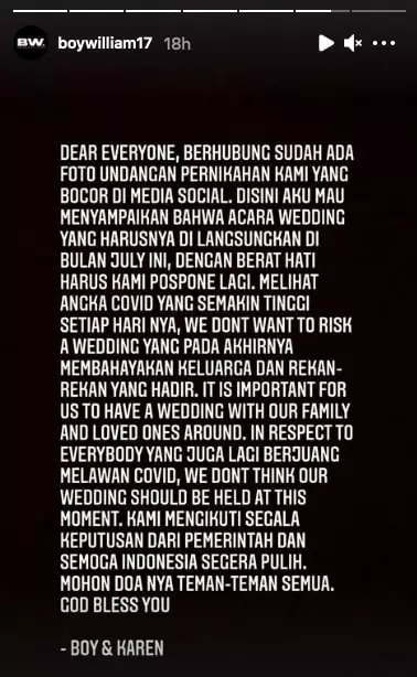 Boy William kembali tunda nikahan © Instagram