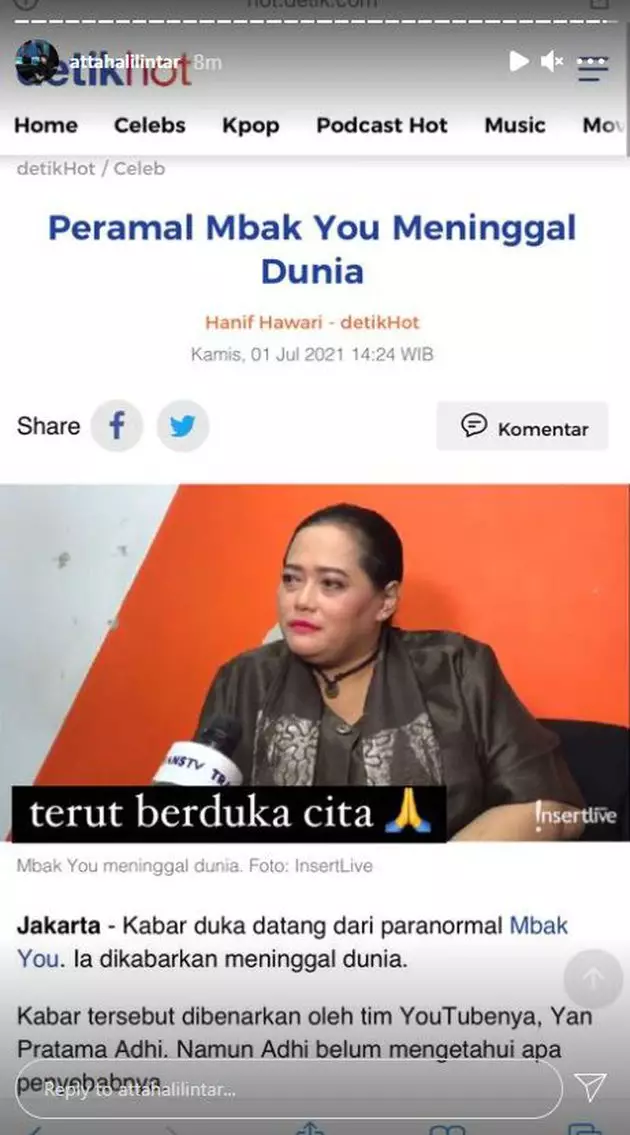 Ucapan duka mendalam seleb atas meninggalnya Mbak You dari berbagai sumber