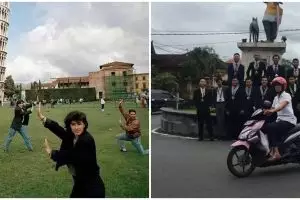 10 Momen lucu foto bareng di tempat umum ini bikin cekikikan