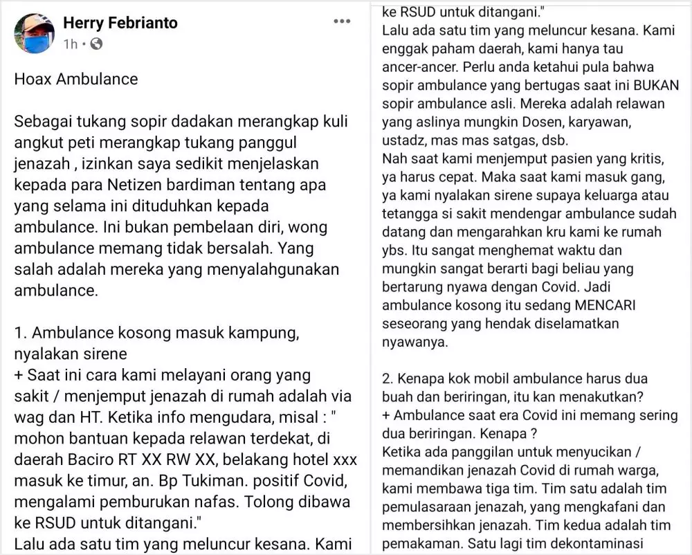 fakta soal sopir ambulans Covid 19 © Facebook