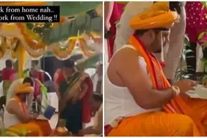 Momen pengantin pria bekerja saat menikah, bawa laptop di pelaminan