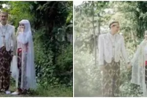 Pernikahan pengantin ini berlatar kebun rumah, hasil fotonya disorot