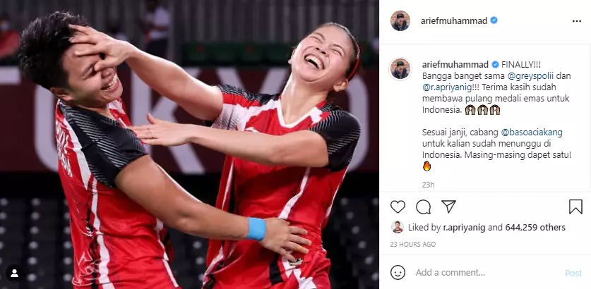 Arief Muhammad beri hadiah outlet makanan untuk Greysia-Apriyani Instagram Arief Muhammad beri hadiah outlet makanan untuk Greysia-Apriyani Instagram