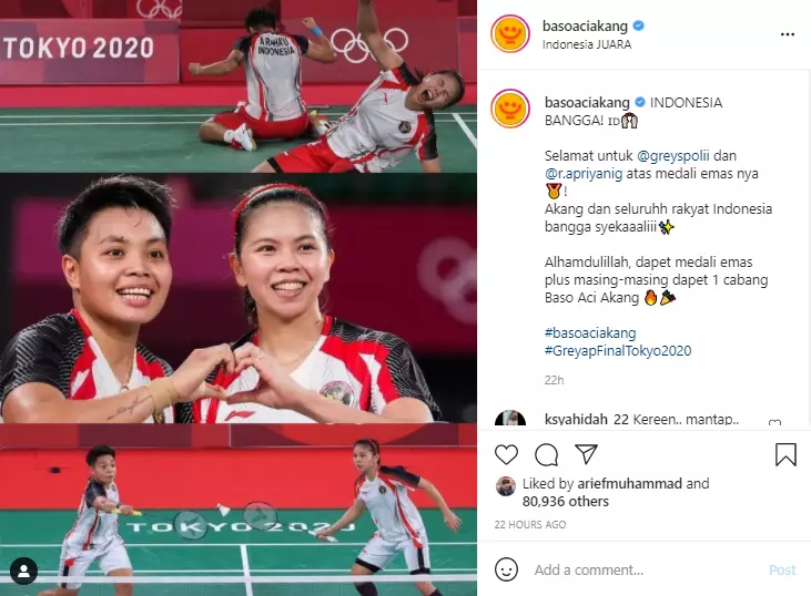 Arief Muhammad beri hadiah outlet makanan untuk Greysia-Apriyani Instagram Arief Muhammad beri hadiah outlet makanan untuk Greysia-Apriyani Instagram