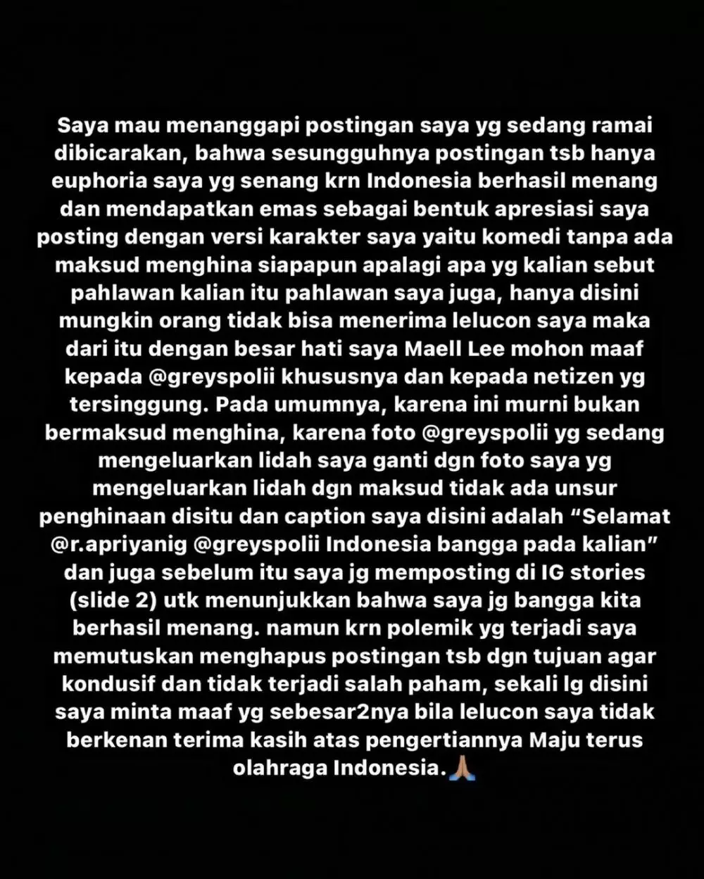 Maell Lee beri klarifikasi usia disebut hina Greysia Polii Instagram Maell Lee beri klarifikasi usia disebut hina Greysia Polii Instagram