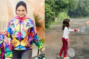 Momen 13 penyanyi wanita olahraga bareng anak, Momo Geisha main bola