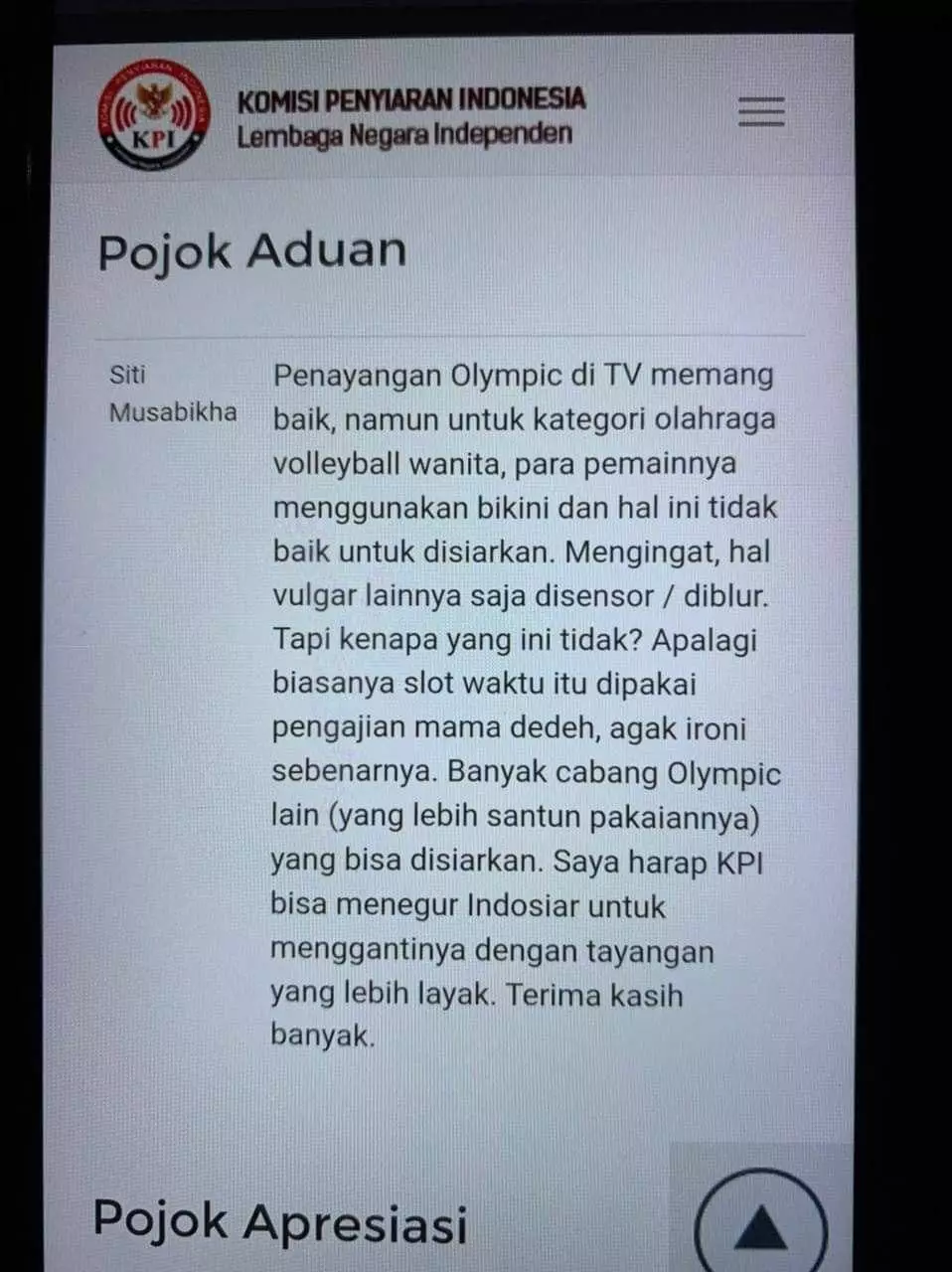 tayangan voli pantai wanita olimpiade diadukan ke KPI Berbagai sumber