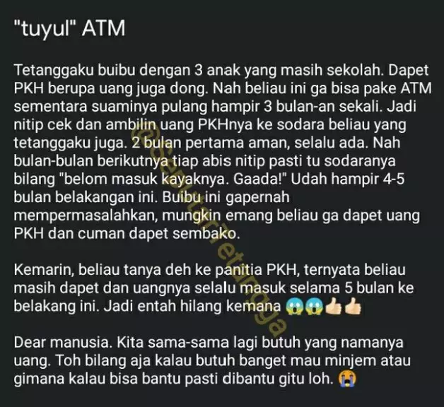 Viral kisah 'Tuyul ATM' bantuan PKH © berbagai sumber Viral kisah 'Tuyul ATM' bantuan PKH © berbagai sumber