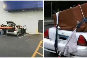 15 Tingkah lucu bawa barang besar pakai mobil ini maksa banget