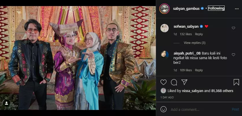 Kehadiran Nissa dan Ayus Sabyan di Malam Bainai Lesty Instagram